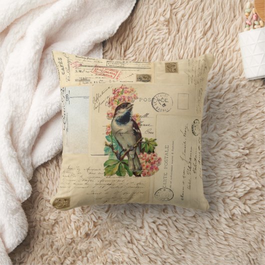 ヴィンテージの鳥によってはフランスのな郵便はがきの枕が開花します クッション (ブランケット)