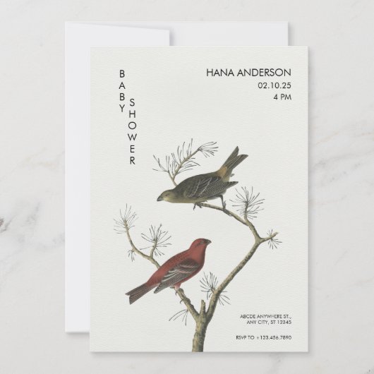 ヴィンテージの鳥のアート日本のスタイルベビーシャワー 招待状 (正面)