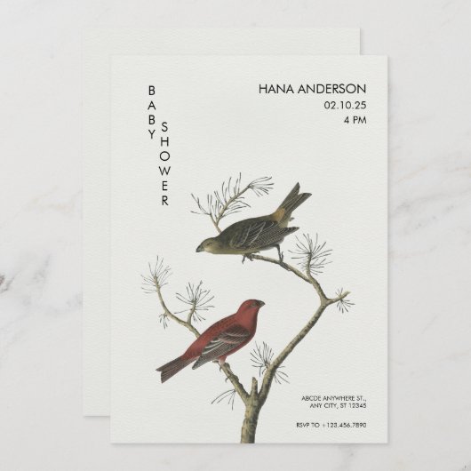 ヴィンテージの鳥のアート日本のスタイルベビーシャワー 招待状 (正面/裏面)