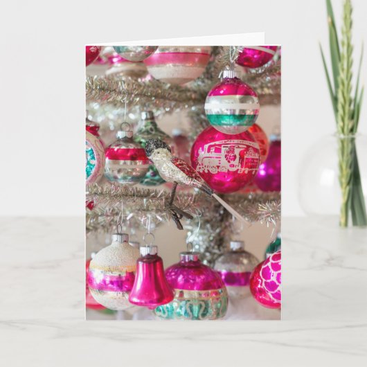 ヴィンテージの鳥のオーナメントとツリーの輝くブリッツ カード (正面)