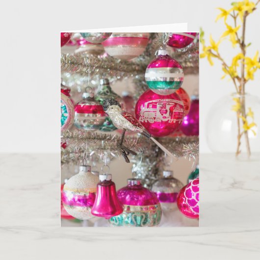 ヴィンテージの鳥のオーナメントとツリーの輝くブリッツ カード (黄色い花)