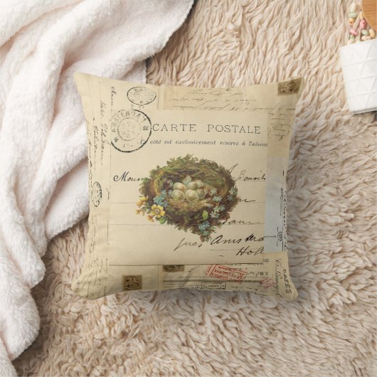 ヴィンテージの鳥の巣のフランスのな郵便はがきの枕 クッション (ブランケット)