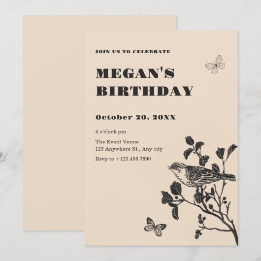 ヴィンテージの鳥の枝 招待状 (正面/裏面)