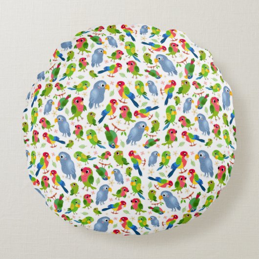 ヴィンテージの鳥の模様、カラフルなセキセイインコの模様 ラウンドクッション (正面)