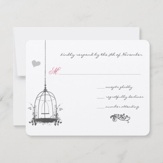 ヴィンテージの鳥の灰色の鳥かごにピンクのアクセントを添えたウェディング 出欠カード (正面)
