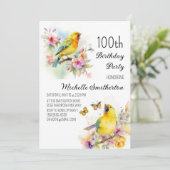 ヴィンテージの鳥カナリアの花100歳の誕生日 招待状 (スタンド正面)