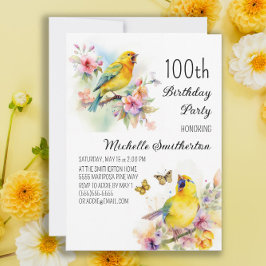 ヴィンテージの鳥カナリアの花100歳の誕生日 招待状