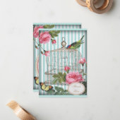 ヴィンテージの鳥、おり、蝶及びバラは感謝していしています ノートカード (正面/裏面インサイチュ)