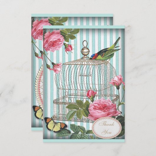 ヴィンテージの鳥、おり、蝶及びバラは感謝していしています ノートカード (正面/裏面)
