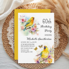ヴィンテージの鳥 カナリア 花 60歳の誕生日 招待状