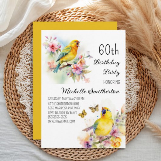 ヴィンテージの鳥 カナリア 花 60歳の誕生日 招待状