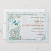 ヴィンテージの鳥 ターコイズとオレンジのダマスク ウェディング 招待状 (正面)