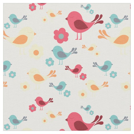 ヴィンテージの鳥 – ピンク、青、黄 ファブリック (クローズアップ)