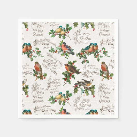 ヴィンテージの鳥、ホリー、クリスマスの挨拶 スタンダードカクテルナプキン (正面)