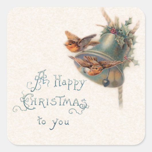 ヴィンテージの鳥、鐘とホリーの挨拶 スクエアシール (正面)