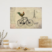 ヴィンテージの鶏が自転車に乗ってエッフェルタワー ポスター (キッチン)