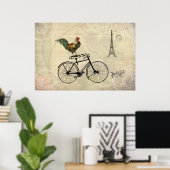 ヴィンテージの鶏が自転車に乗ってエッフェルタワー ポスター (ホームオフィス)