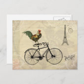 ヴィンテージの鶏が自転車に乗ってエッフェルタワー ポストカード (正面/裏面)