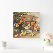 ヴィンテージの鶏と鶏のカントリーウォールデコーラー スクエア壁時計 (ホーム)