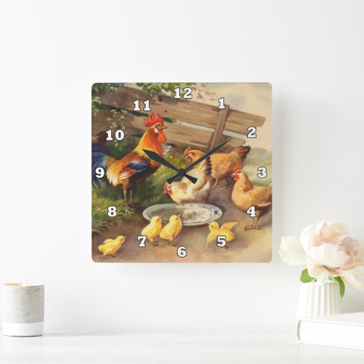 ヴィンテージの鶏と鶏のカントリーウォールデコーラー スクエア壁時計 (ホーム)