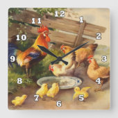 ヴィンテージの鶏と鶏のカントリーウォールデコーラー スクエア壁時計 (正面)
