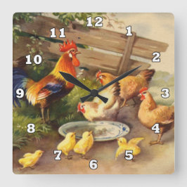 ヴィンテージの鶏と鶏のカントリーウォールデコーラー スクエア壁時計