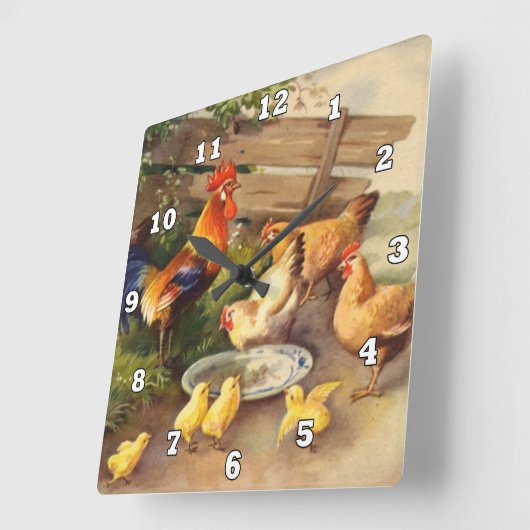ヴィンテージの鶏と鶏のカントリーウォールデコーラー スクエア壁時計 (傾斜)