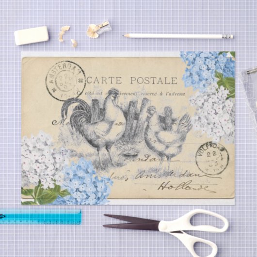 ヴィンテージの鶏の青い花の郵便はがきのティッシュペーパー 薄葉紙 (クラフト)