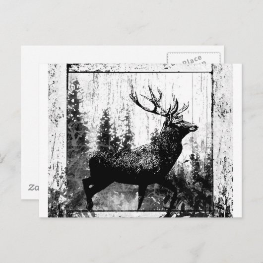 ヴィンテージの鹿 黒と白の動物 ポストカード (正面/裏面)