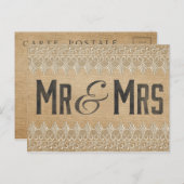ヴィンテージの麻の質感が両面に施されたMr. & Mrs. ポストカード (正面/裏面)