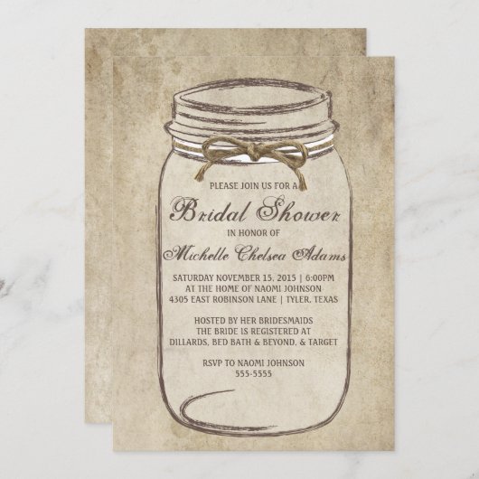 ヴィンテージの麻ひものメーソンジャーのブライダルシャワーの招待状 招待状 (正面/裏面)