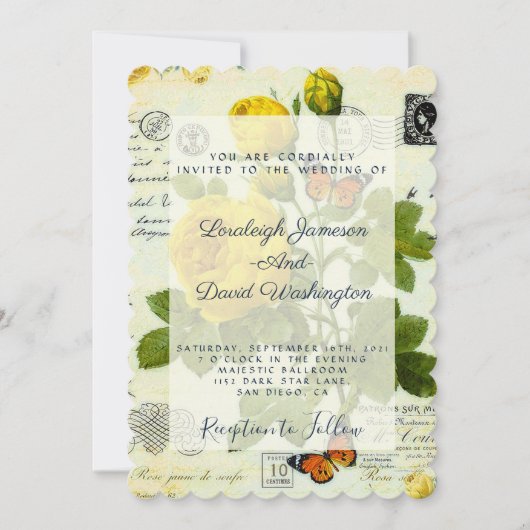 ヴィンテージの黄色いバラのウェディング招待状 招待状 (正面)