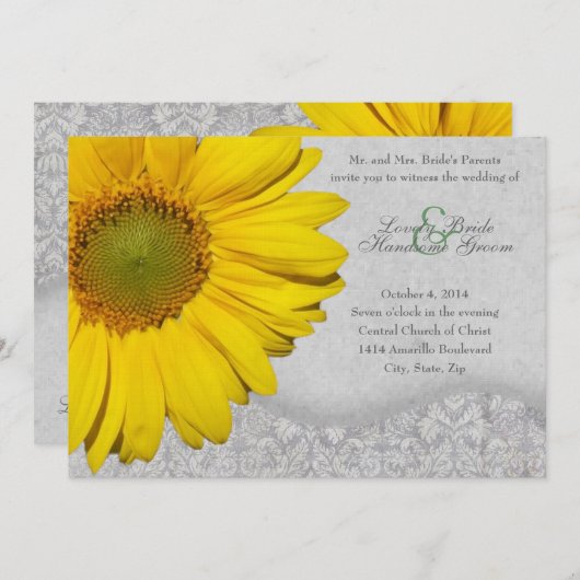ヴィンテージの黄色い灰色のヒマワリの結婚式招待状 招待状 (正面/裏面)