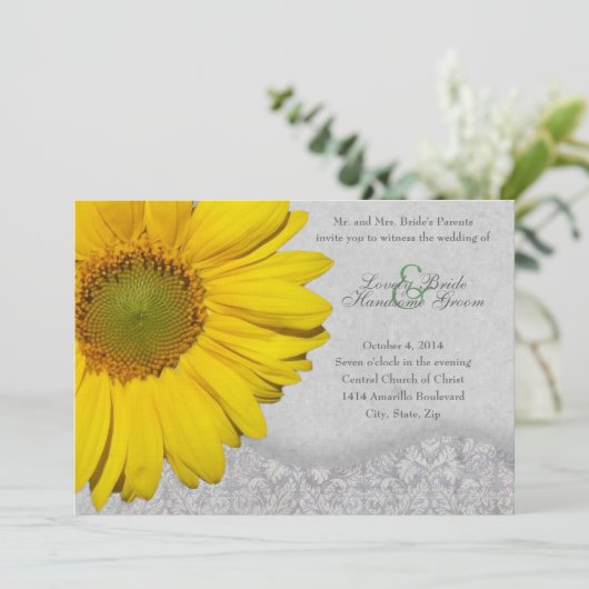ヴィンテージの黄色い灰色のヒマワリの結婚式招待状 招待状 (スタンド正面)