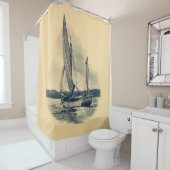 ヴィンテージの黄色のネイビーブルーの帆船絵を描古 シャワーカーテン (インサイチュ)