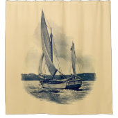 ヴィンテージの黄色のネイビーブルーの帆船絵を描古 シャワーカーテン (正面)