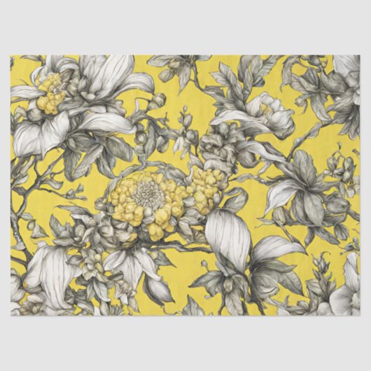 ヴィンテージの黄色、黒、および白のフローラの切り離し 薄葉紙 (正面)