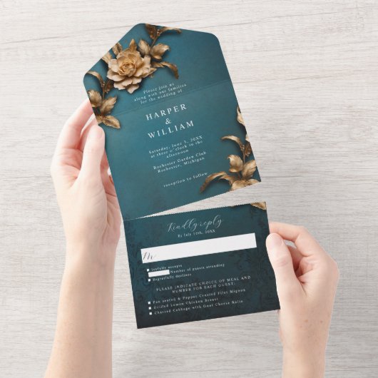 ヴィンテージの黄金色の葉rsvp添付結婚済み オールインワン招待状 (貼ってはがせる)