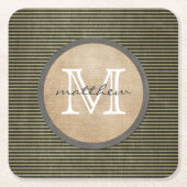 ヴィンテージの黒いチッカーパターンモノグラムのバーラップ スクエアペーパーコースター (正面)