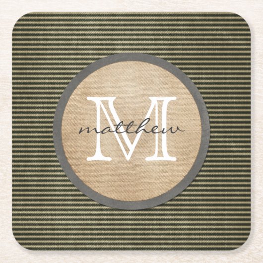 ヴィンテージの黒いチッカーパターンモノグラムのバーラップ スクエアペーパーコースター (正面)