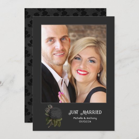 ヴィンテージの黒いバラ結婚の写真 案内状 (正面/裏面)