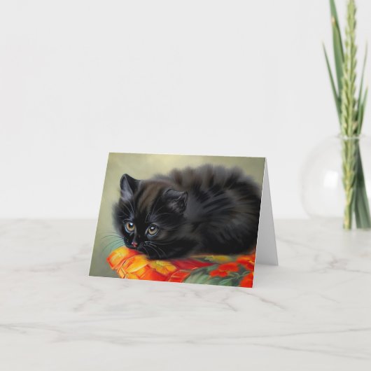 ヴィンテージの黒い子猫と赤い花の毛布 招待状 (正面)