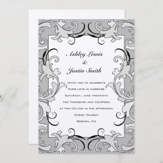 ヴィンテージの黒い銀は結婚式招待状渦巻きます 招待状 (正面/裏面)