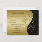 ヴィンテージの黒および金ゴールドの花柄RSVP 出欠カード (正面)