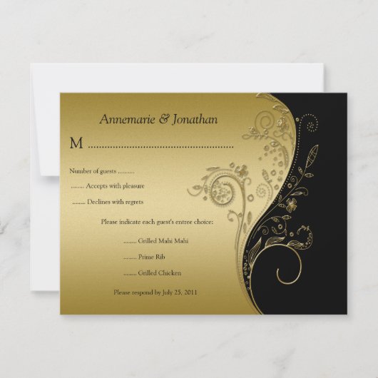 ヴィンテージの黒および金ゴールドの花柄RSVP 出欠カード (正面)