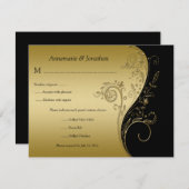 ヴィンテージの黒および金ゴールドの花柄RSVP 出欠カード (正面/裏面)