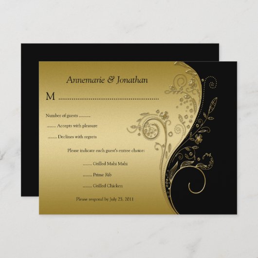 ヴィンテージの黒および金ゴールドの花柄RSVP 出欠カード (正面/裏面)
