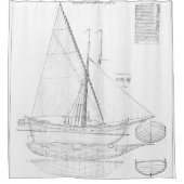 ヴィンテージの黒く及び白いヨットのスケッチのアンティークのnau シャワーカーテン (正面)