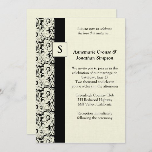 ヴィンテージの黒く、クリーム色のダマスク織の結婚式招待状 招待状 (正面/裏面)