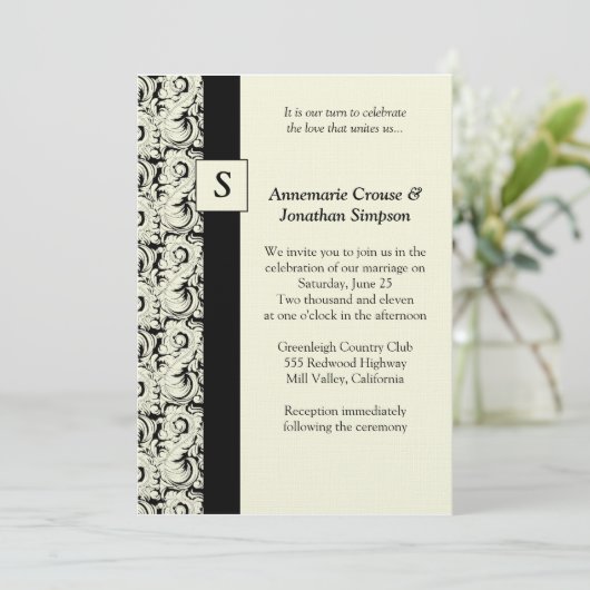 ヴィンテージの黒く、クリーム色のダマスク織の結婚式招待状 招待状 (スタンド正面)